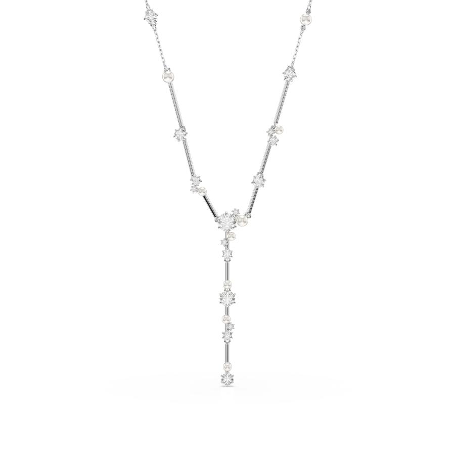 Swarovski Constella Y Necklace, Crystal Pearl, Round Cuts, White, Rhodium Plated -Swarovski