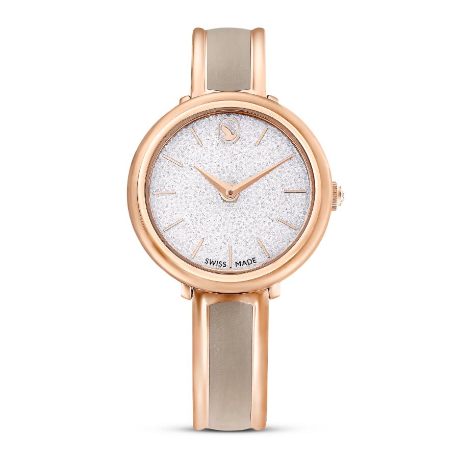 Swarovski Crystalline Bangle Watch, Swiss Made, Metal Bracelet, Beige, Rose gold-tone Finish -Swarovski