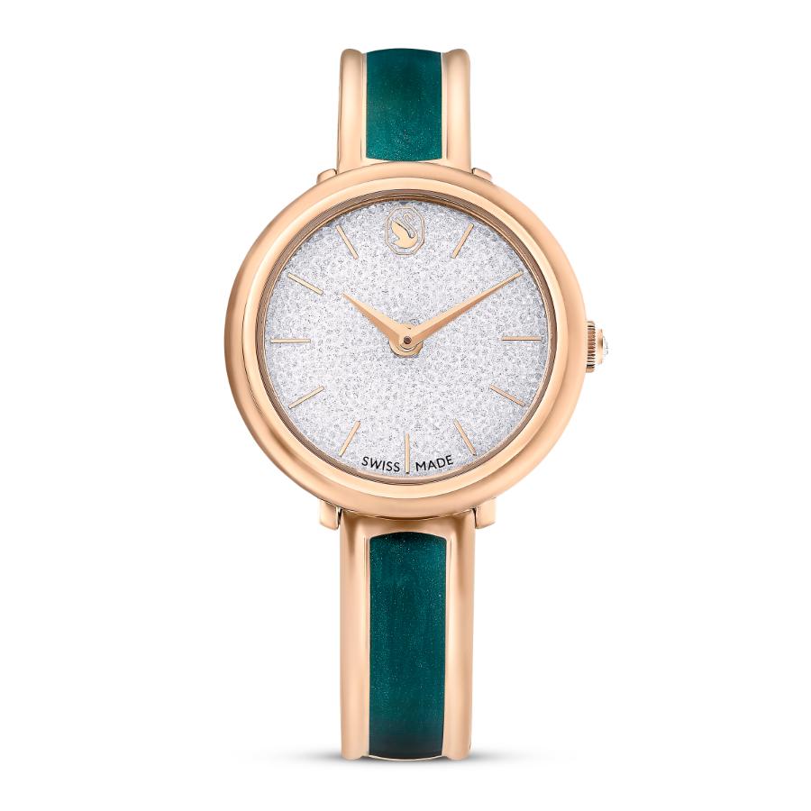 Swarovski Crystalline Bangle Watch, Swiss Made, Metal bracelet, Green, Rose gold-tone Finish -Swarovski