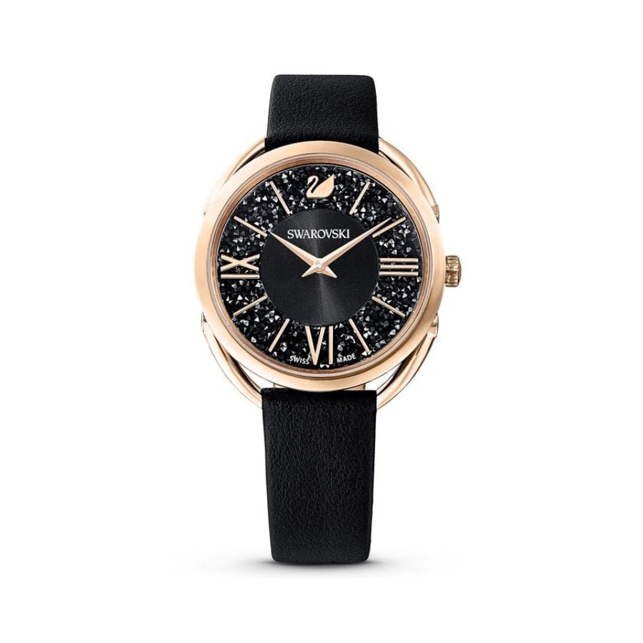 Swarovski Crystalline Glam Watch, Leather Strap, Black, Rose Gold Tone -Swarovski