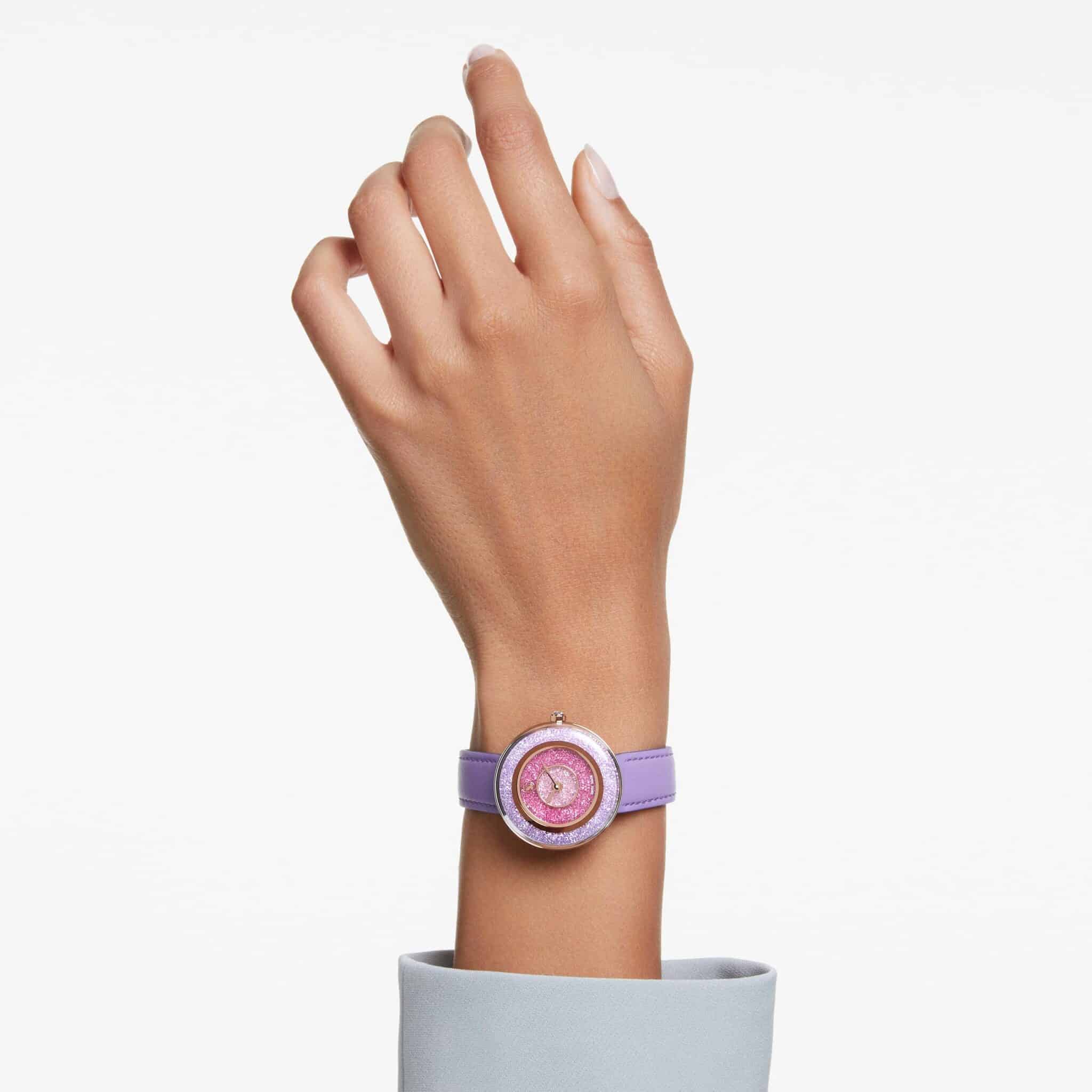 Swarovski Crystalline Lustre Watch Swiss Made, Leather strap, Purple, Rose gold-tone finish -Swarovski