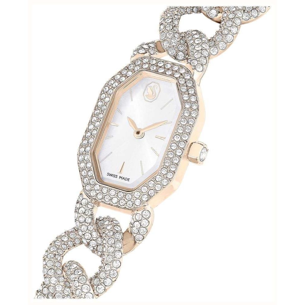 Swarovski Dextera Chain Watch Swiss Made, Crystal Bracelet, White, Finish in Golden Champagne Tone -Swarovski