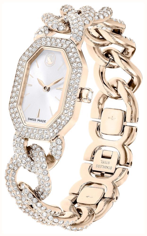Swarovski Dextera Chain Watch Swiss Made, Crystal Bracelet, White, Finish in Golden Champagne Tone -Swarovski