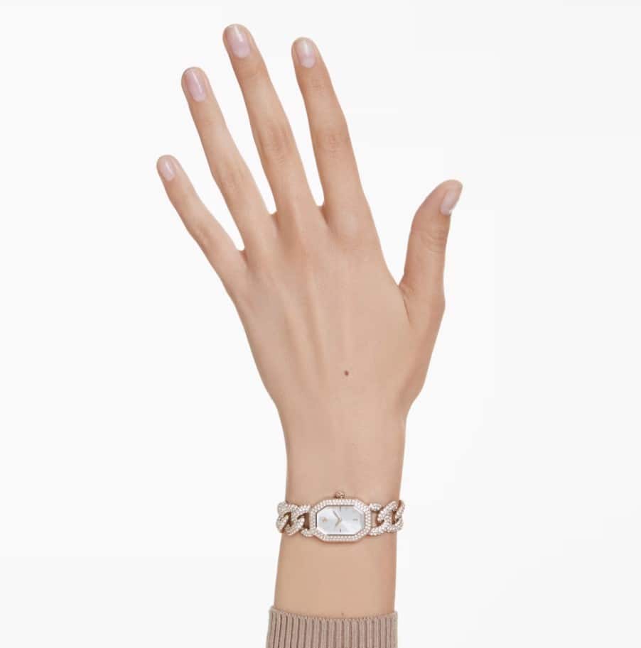 Swarovski Dextera Chain Watch Swiss Made, Crystal Bracelet, White, Finish in Golden Champagne Tone -Swarovski