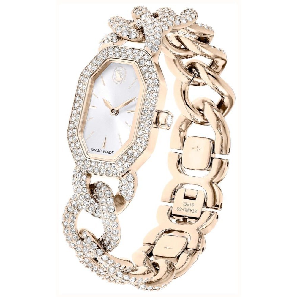 Swarovski Dextera Chain Watch Swiss Made, Crystal Bracelet, White, Finish in Golden Champagne Tone -Swarovski