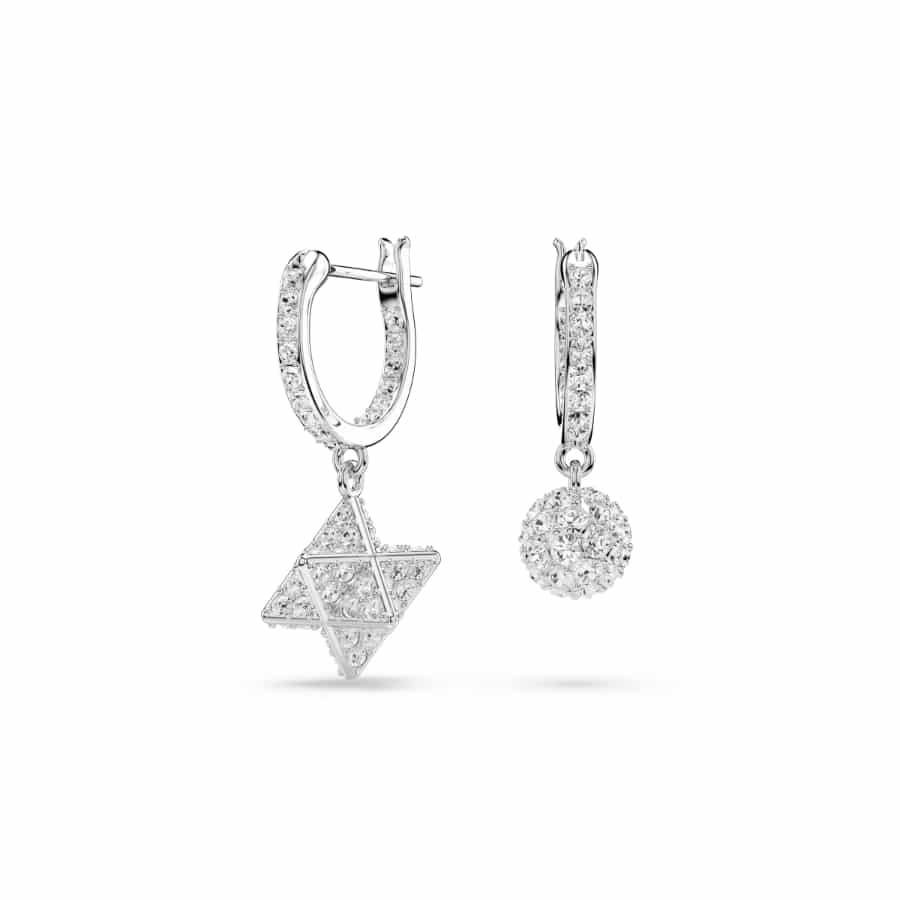 Swarovski Dextera Drop Earrings, Asymmetrical Design, Round Cut, Star and Sphere, White, Rhodium Plated -Swarovski