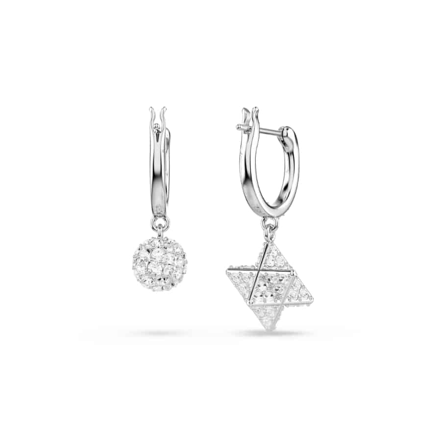 Swarovski Dextera Drop Earrings, Asymmetrical Design, Round Cut, Star and Sphere, White, Rhodium Plated -Swarovski