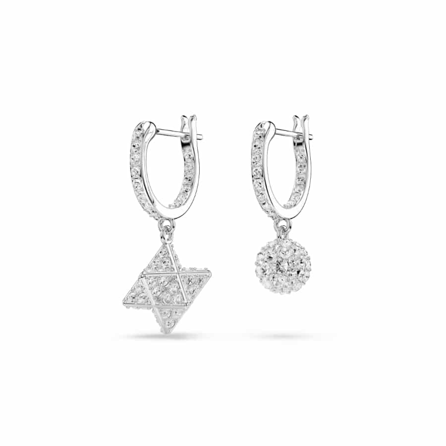 Swarovski Dextera Drop Earrings, Asymmetrical Design, Round Cut, Star and Sphere, White, Rhodium Plated -Swarovski