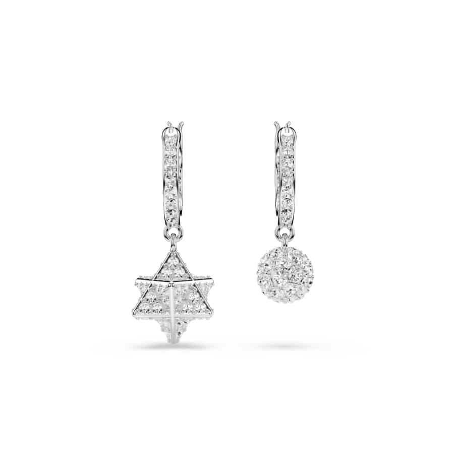 Swarovski Dextera Drop Earrings, Asymmetrical Design, Round Cut, Star and Sphere, White, Rhodium Plated -Swarovski