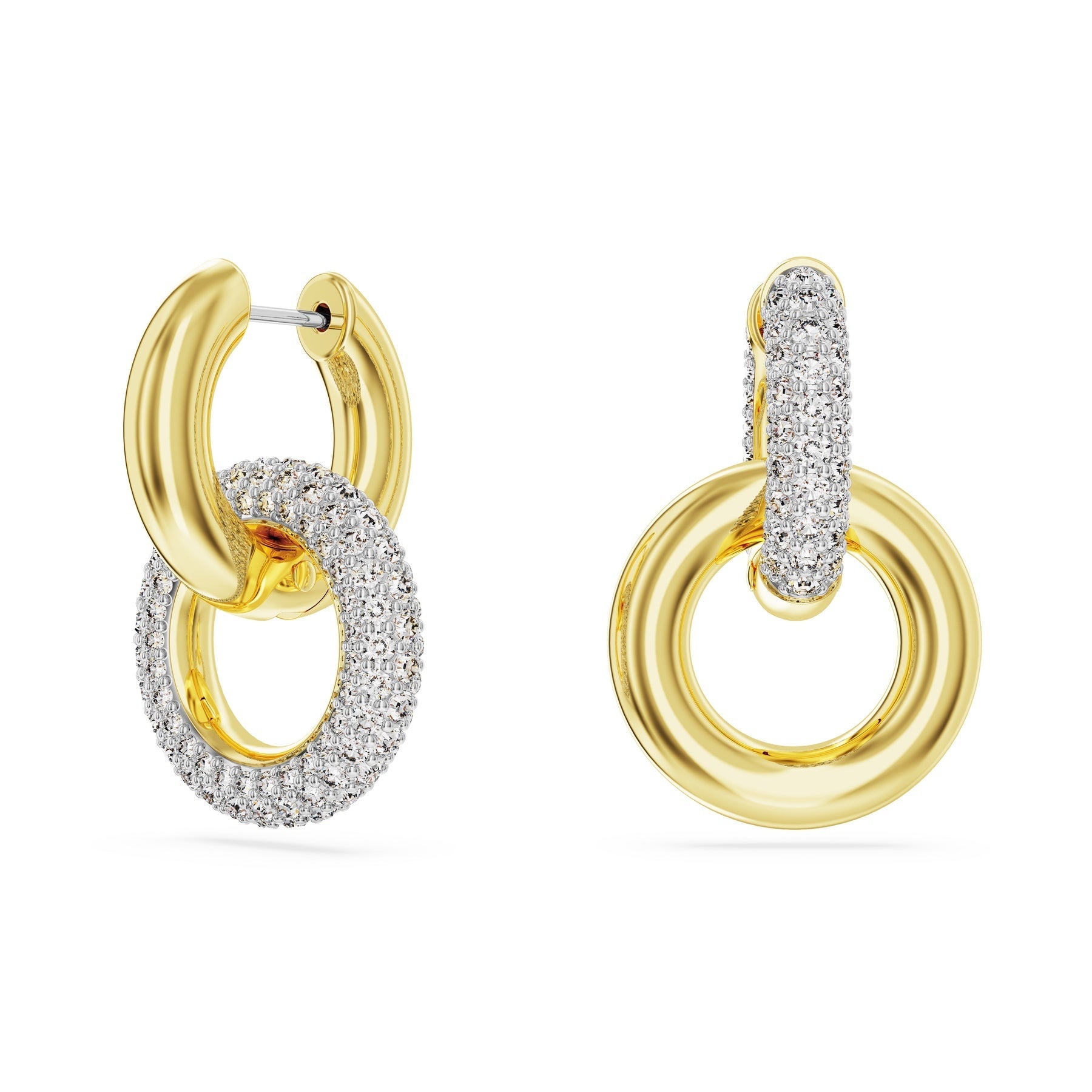 Swarovski Dextera Hoop Earrings Asymmetrical Design, Interlocking Loop, White, Gold-Tone Plated -Swarovski