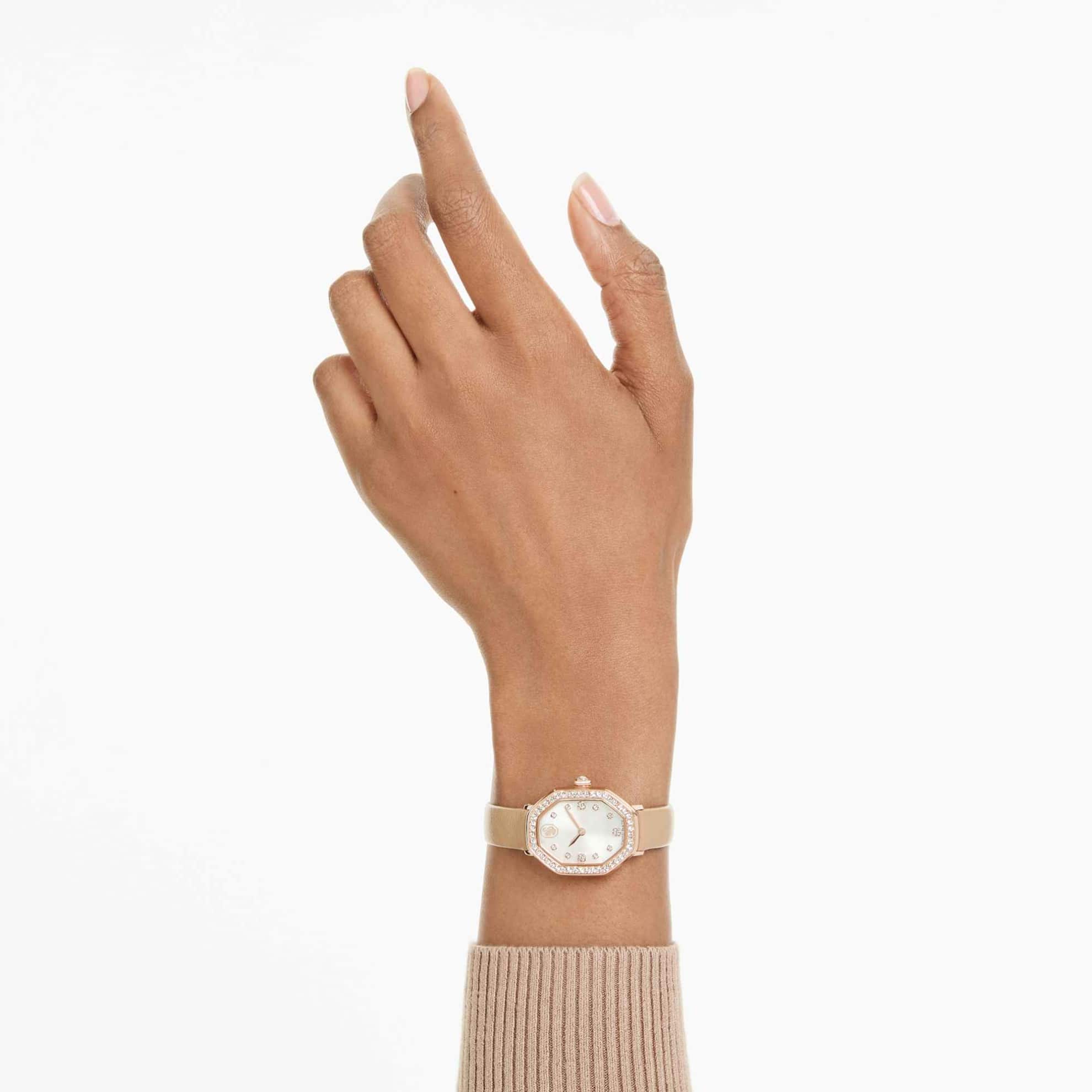 Swarovski Dextera octagon Watch, Swiss Made, Leather strap, Brown, Rose gold-tone finish -Swarovski