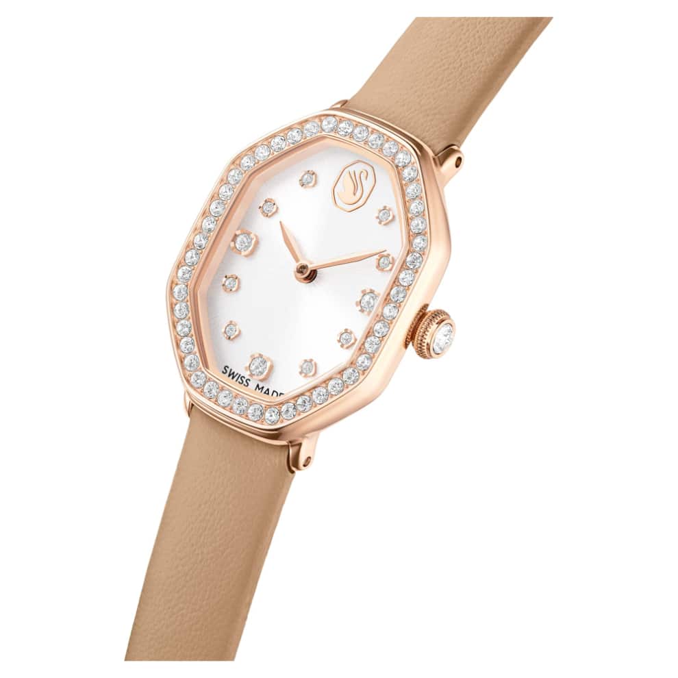 Swarovski Dextera octagon Watch, Swiss Made, Leather strap, Brown, Rose gold-tone finish -Swarovski