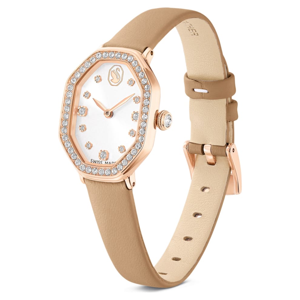 Swarovski Dextera octagon Watch, Swiss Made, Leather strap, Brown, Rose gold-tone finish -Swarovski