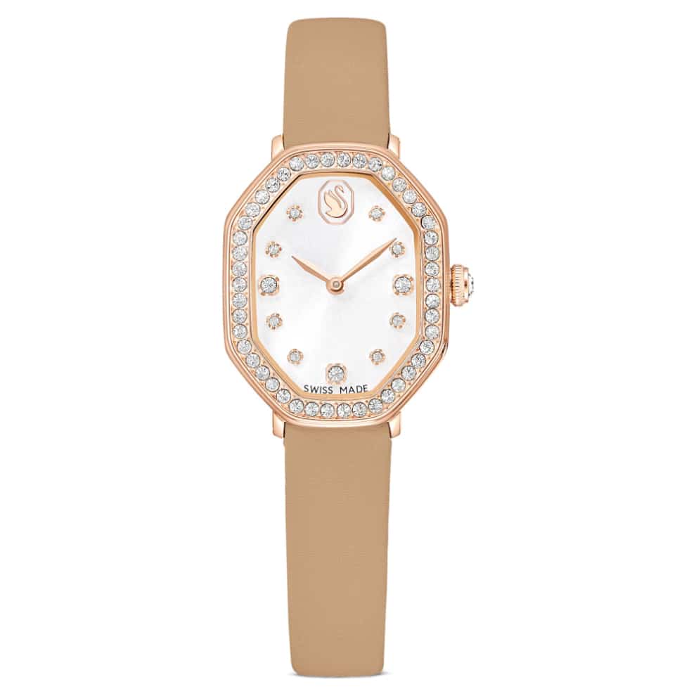 Swarovski Dextera octagon Watch, Swiss Made, Leather strap, Brown, Rose gold-tone finish -Swarovski