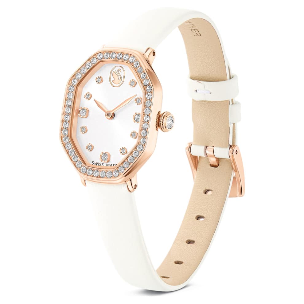 Swarovski Dextera octagon Watch, Swiss Made, Leather strap, White, Rose gold-tone finish -Swarovski