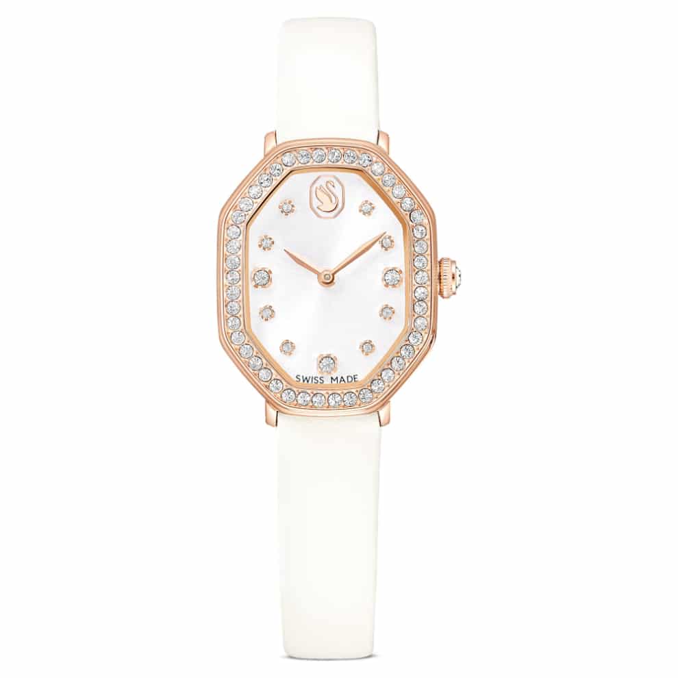 Swarovski Dextera octagon Watch, Swiss Made, Leather strap, White, Rose gold-tone finish -Swarovski