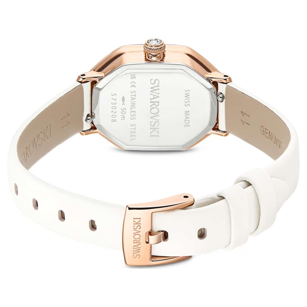 Swarovski Dextera octagon Watch, Swiss Made, Leather strap, White, Rose gold-tone finish -Swarovski