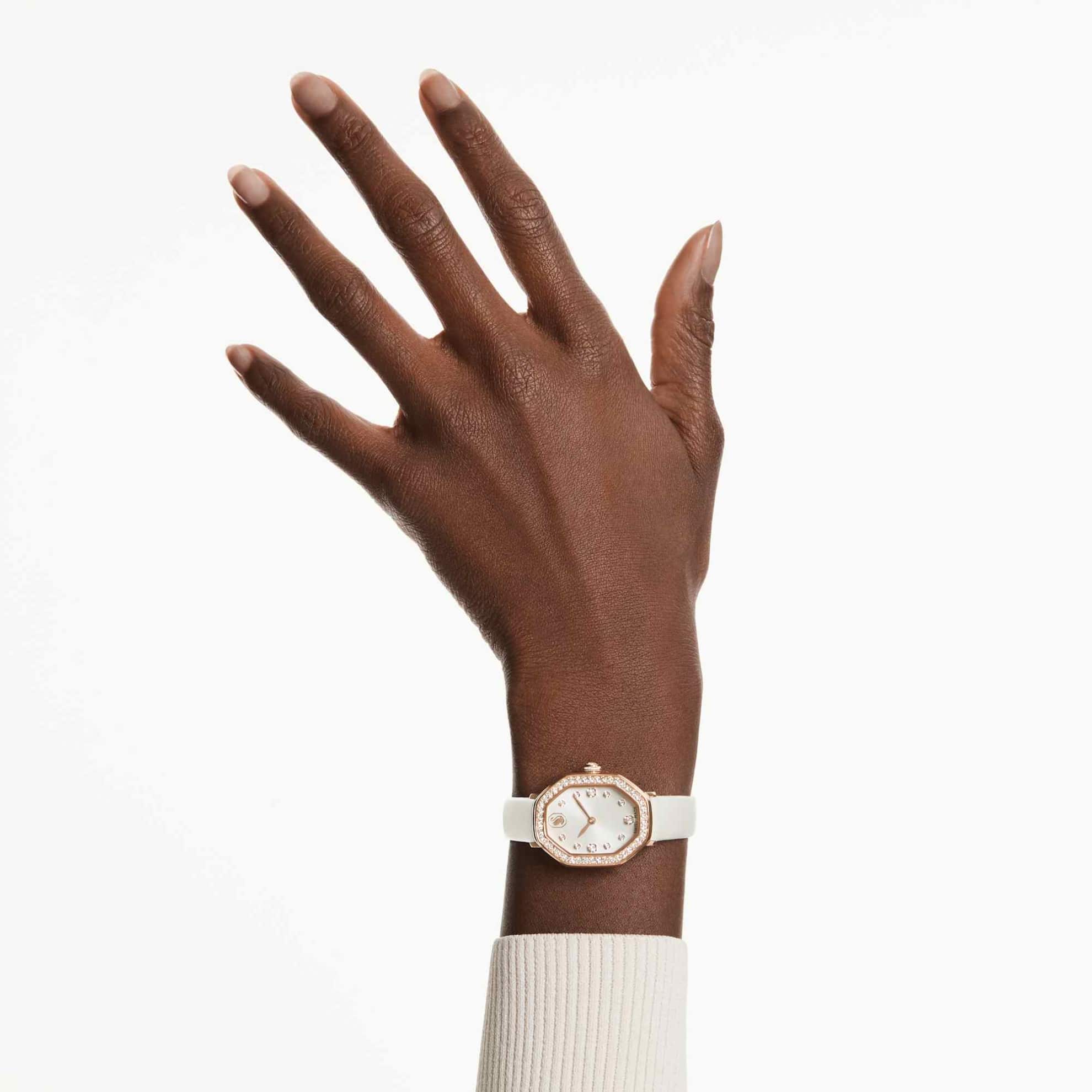 Swarovski Dextera octagon Watch, Swiss Made, Leather strap, White, Rose gold-tone finish -Swarovski