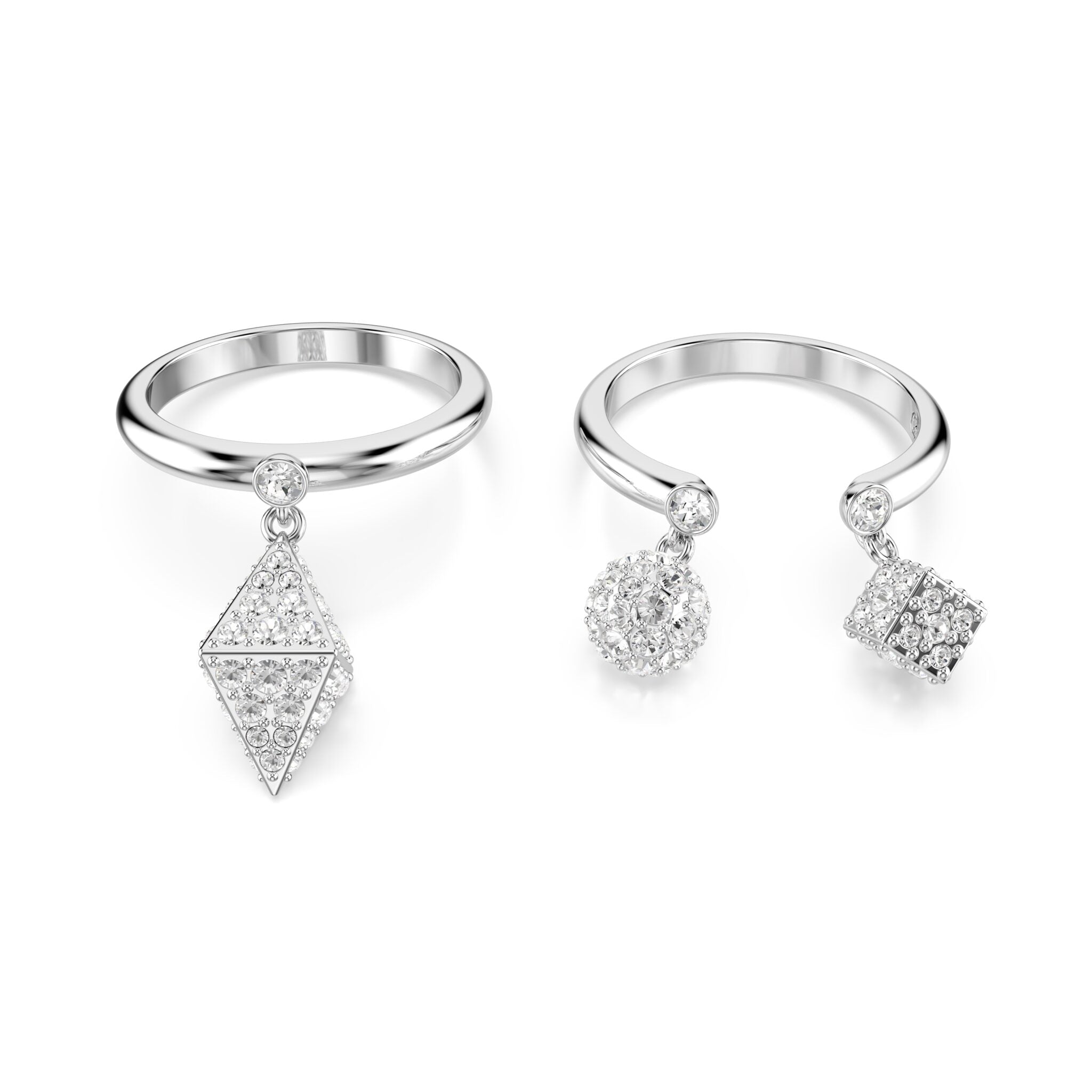 Swarovski Dextera Ring Set (2), Sphere & Cube, White, Rhodium Plated -Swarovski