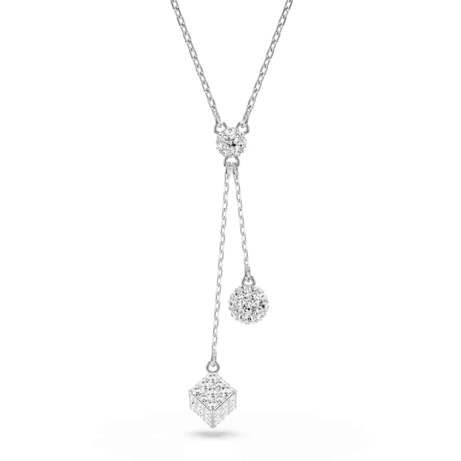 Swarovski Dextera Y Pendant, Round Cut, Sphere and Cube, White, Rhodium Plated -Swarovski
