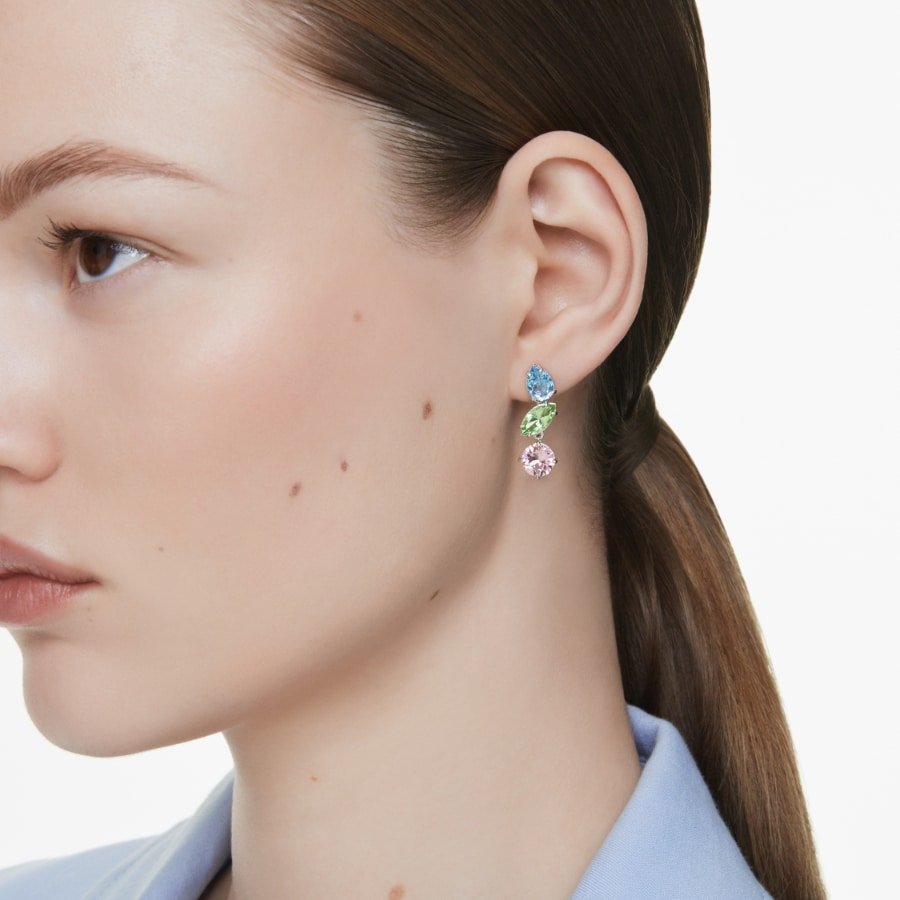 Swarovski Gema Collection Drop Earrings, Asymmetrical Design, Mixed Cuts, Multicolored, Rhodium Plated -Swarovski