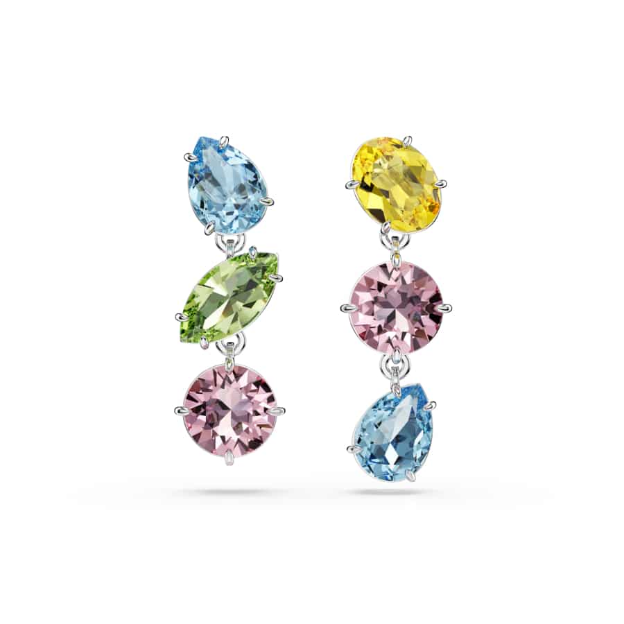 Swarovski Gema Collection Drop Earrings, Asymmetrical Design, Mixed Cuts, Multicolored, Rhodium Plated -Swarovski