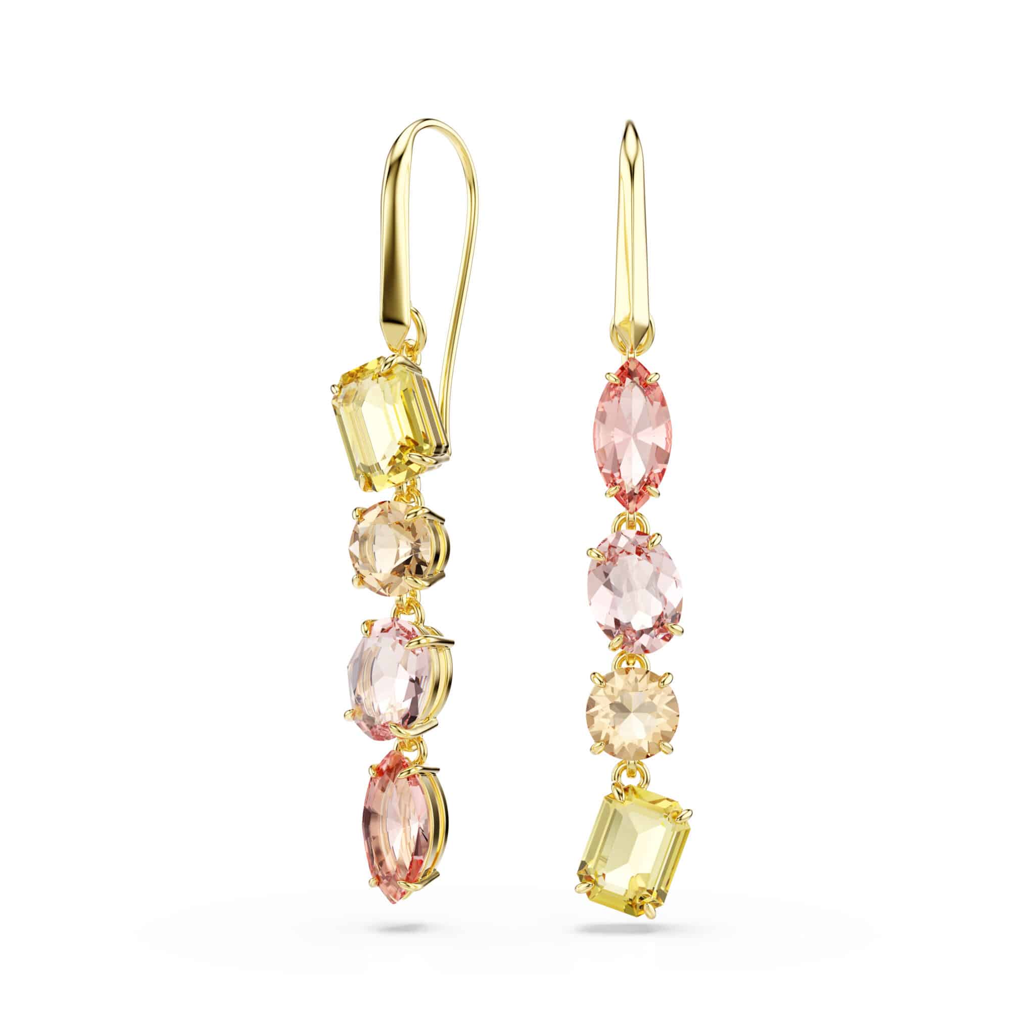 Swarovski Gema Drop Earrings, Asymmetrical design, Mixed cuts, Pink, Gold-tone plated -Swarovski