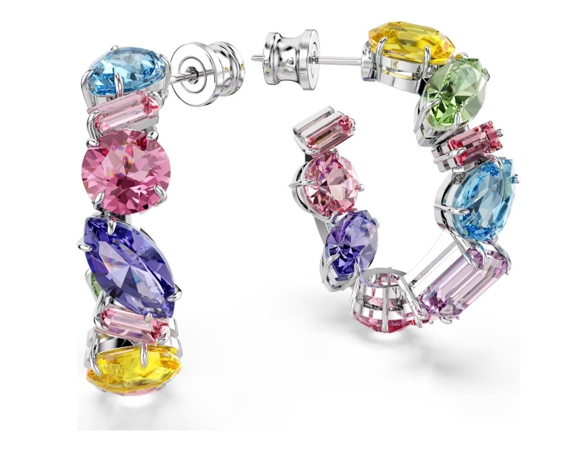 Swarovski Gema Hoop Earrings Asymmetrical Design, Mixed Cut, Small, Multi-Color, Rhodium Plated -Swarovski