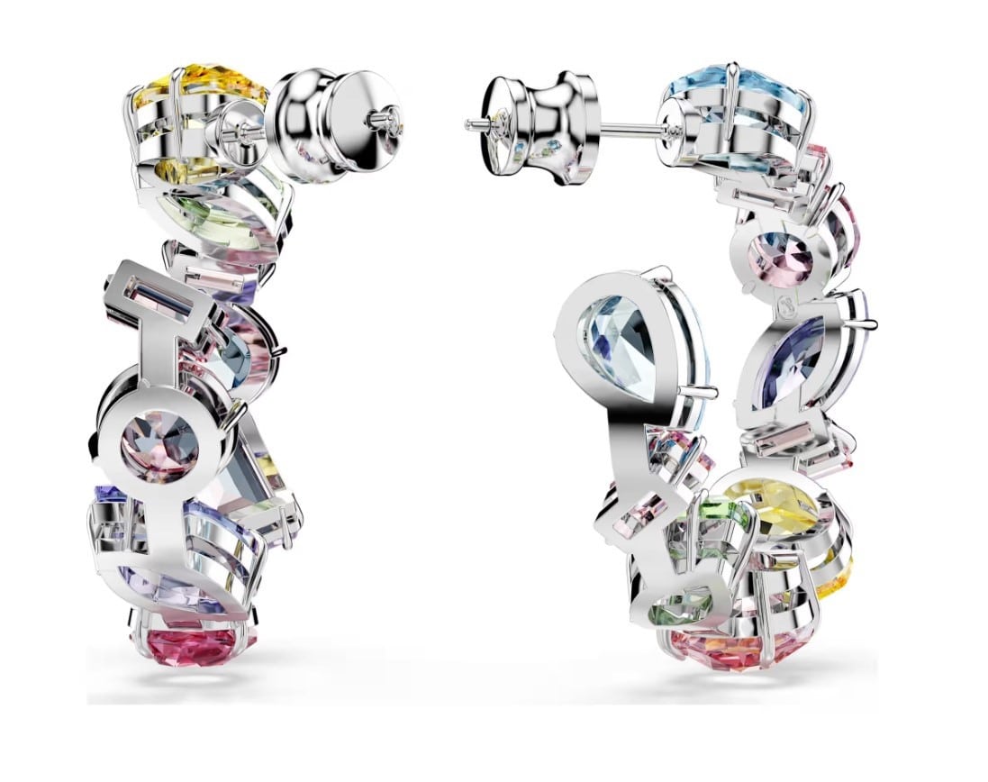 Swarovski Gema Hoop Earrings Asymmetrical Design, Mixed Cut, Small, Multi-Color, Rhodium Plated -Swarovski