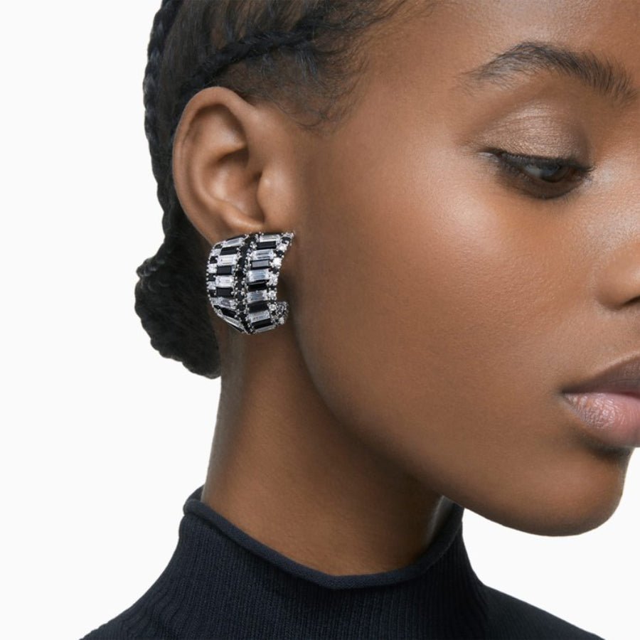 Swarovski Hyperbola Clip Earrings Mixed Cuts, Black, Rhodium Plated -Swarovski