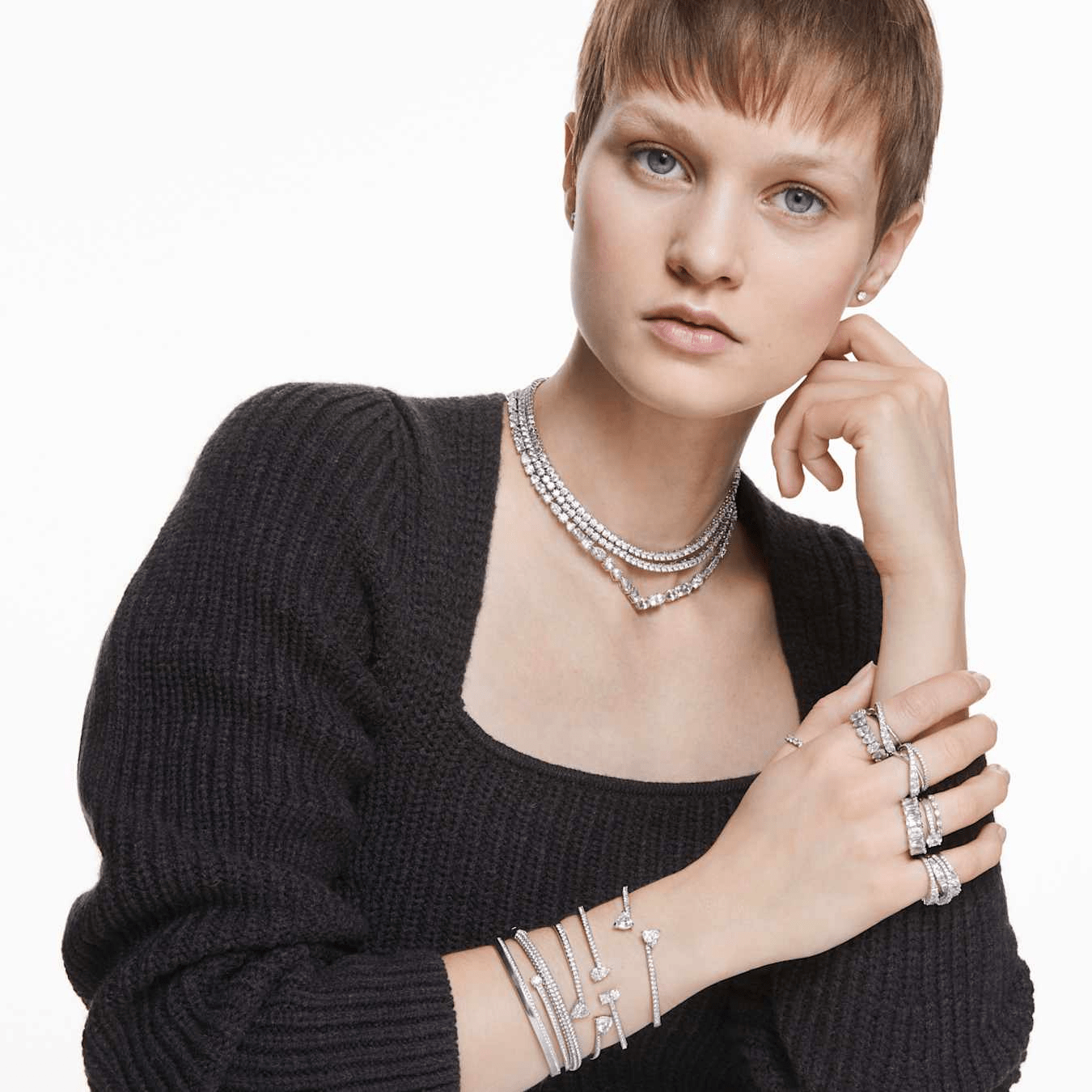 Swarovski Hyperbola ring Mixed cuts, White, Rhodium plated -Swarovski