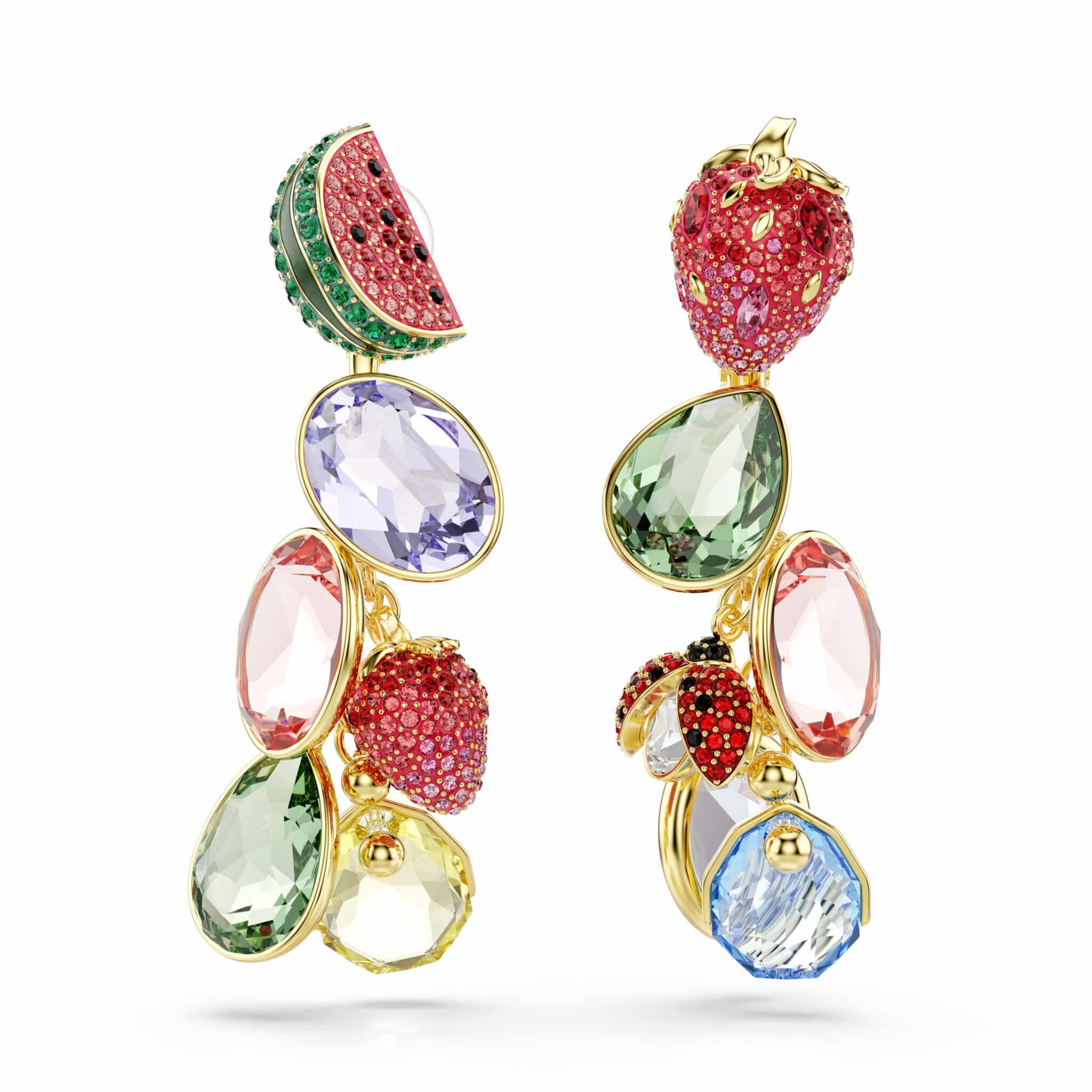Swarovski Idyllia Clip Earrings, Mixed cuts, Fruit, Ladybug, Multicolored, Gold-tone plated -Swarovski