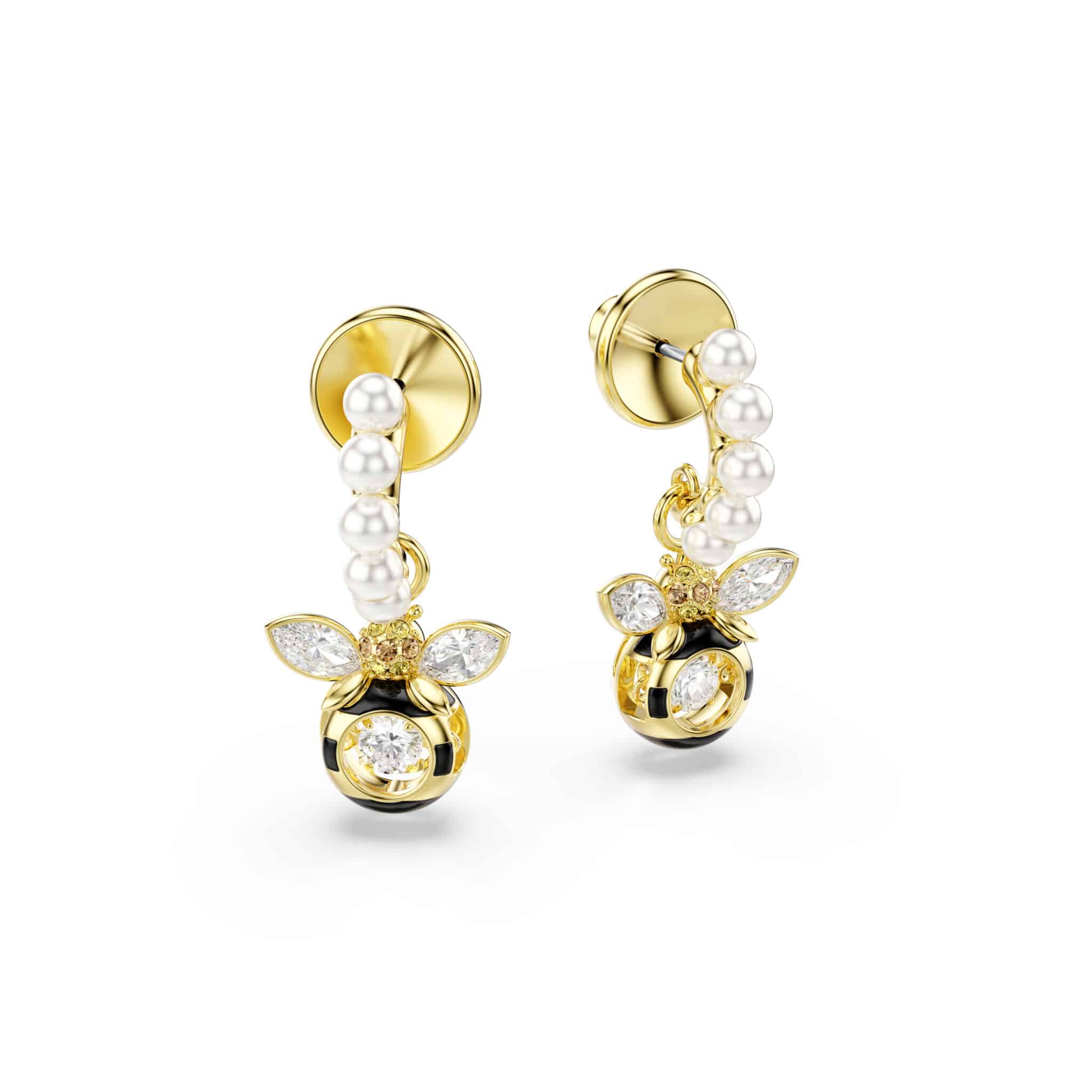 Swarovski Idyllia Drop Earrings, Crystal pearl, Mixed cuts, Bee, Multicolored, Gold-tone plated -Swarovski