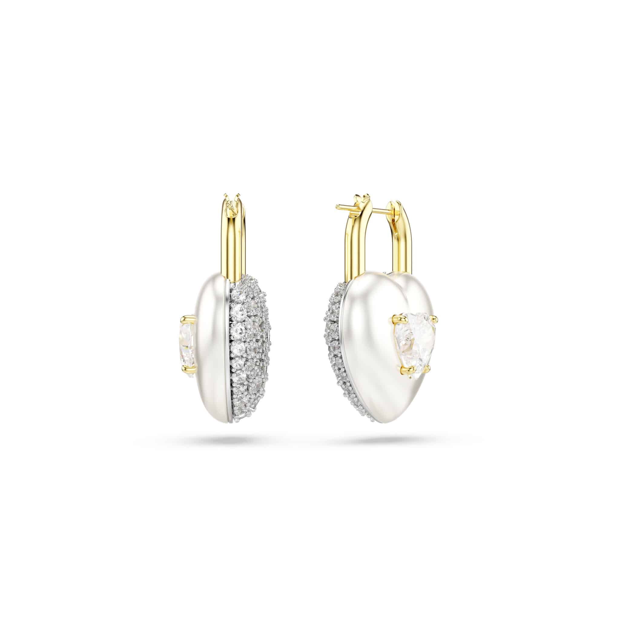 Swarovski Idyllia Drop Earrings, Mixed cuts, Heart, White, Gold-tone plated -Swarovski