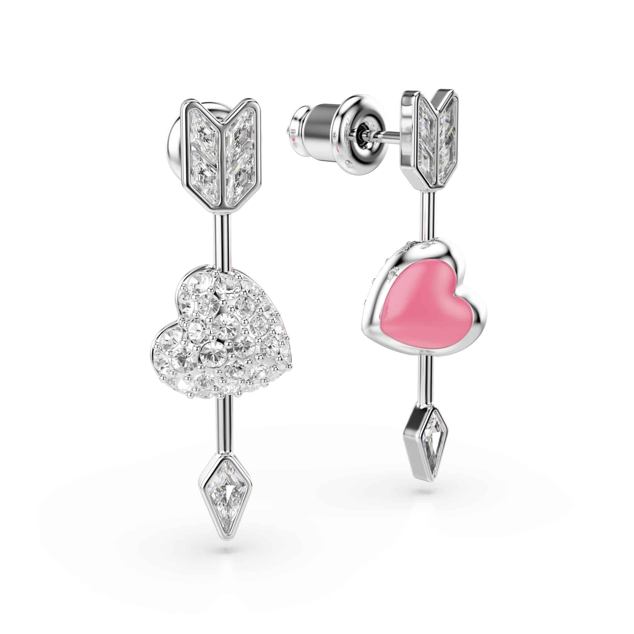 Swarovski Idyllia Drop Earrings, Mixed cuts, Heart with arrow, White, Rhodium plated -Swarovski