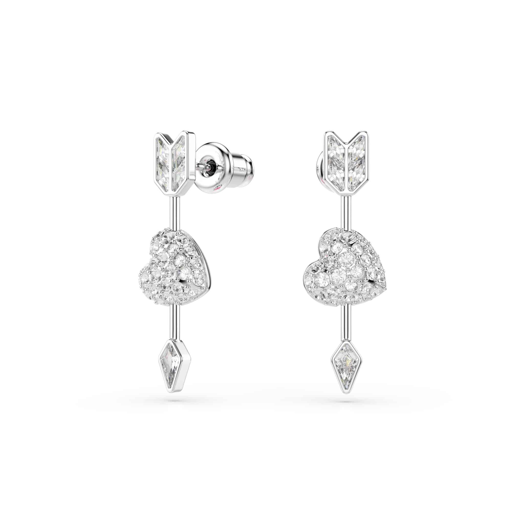 Swarovski Idyllia Drop Earrings, Mixed cuts, Heart with arrow, White, Rhodium plated -Swarovski