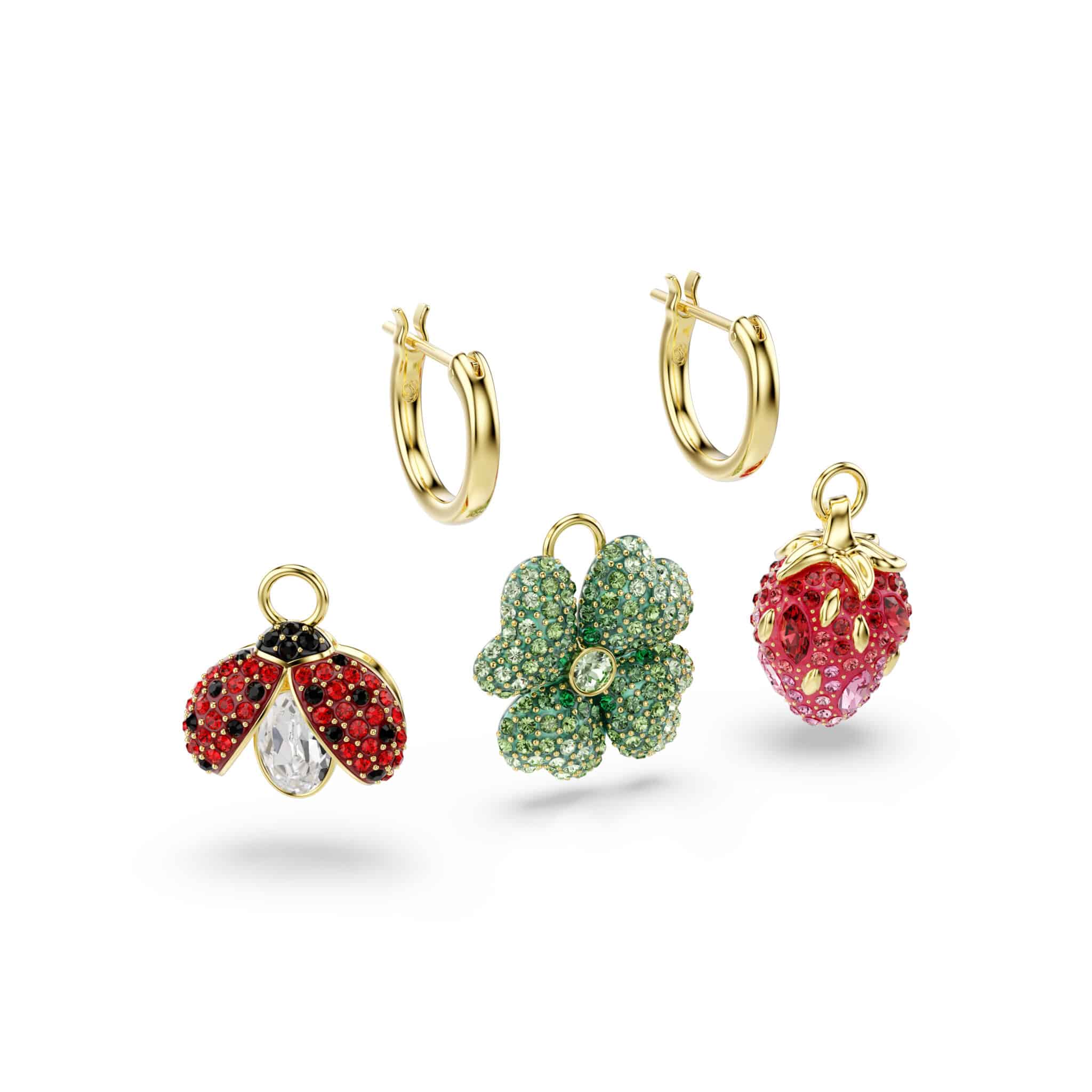 Swarovski Idyllia Drop Earrings, Set (3), Ladybug, Clover, Strawberry, Multicolored, Gold-tone plated -Swarovski