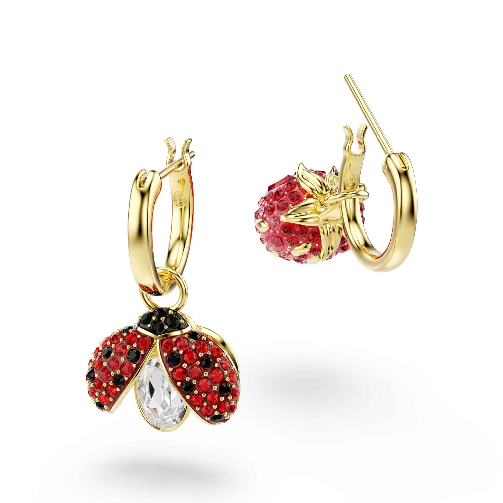 Swarovski Idyllia Drop Earrings, Set (3), Ladybug, Clover, Strawberry, Multicolored, Gold-tone plated -Swarovski