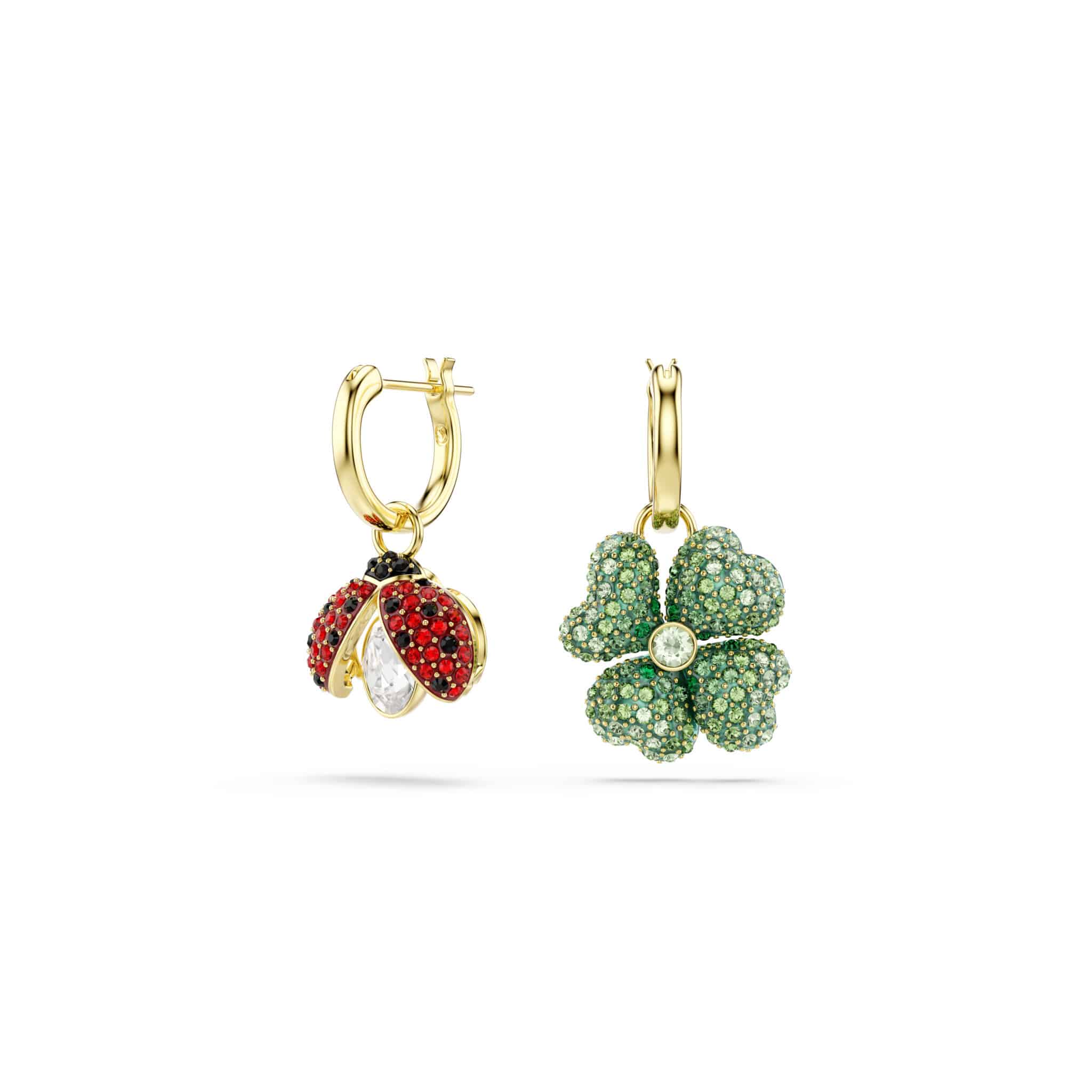 Swarovski Idyllia Drop Earrings, Set (3), Ladybug, Clover, Strawberry, Multicolored, Gold-tone plated -Swarovski