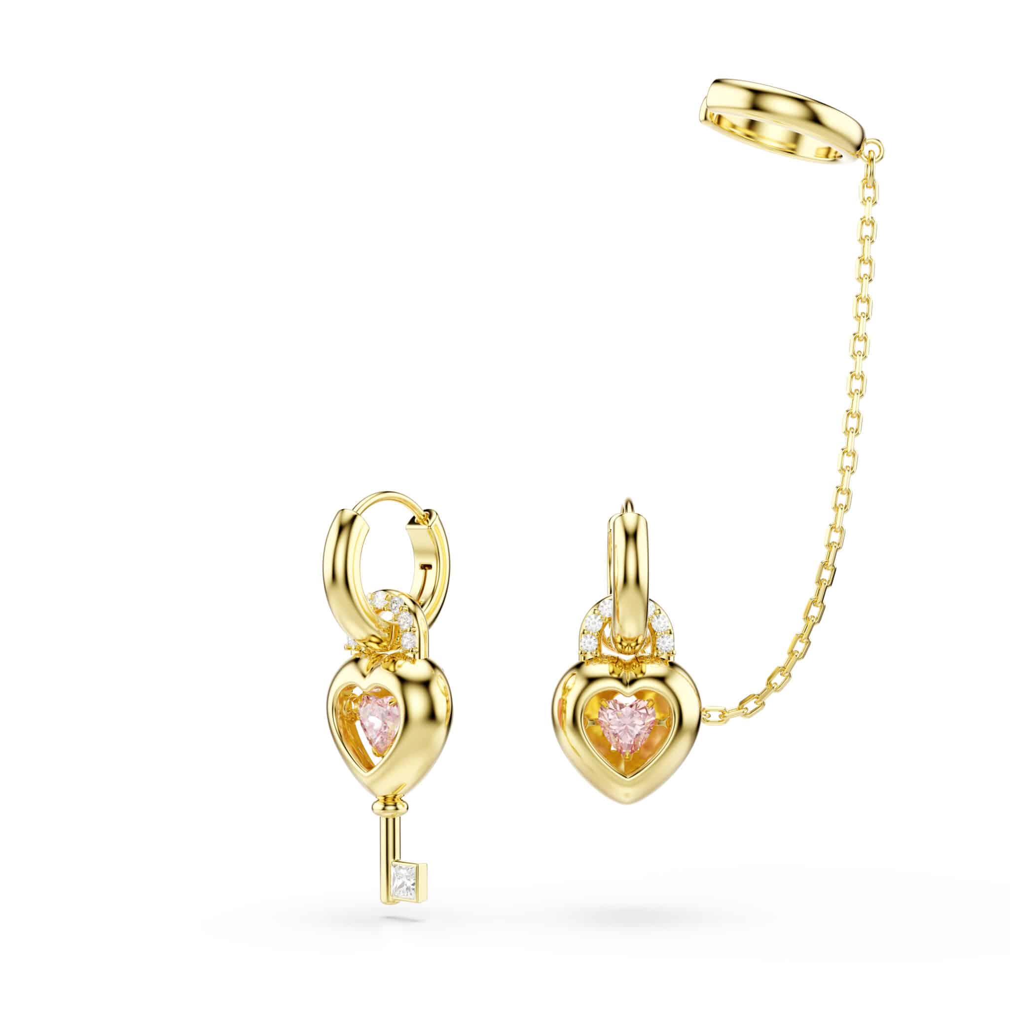 Swarovski Idyllia Drop Earrings with ear Cuff, Mixed cuts, Heart with key, Pink, Gold-tone plated -Swarovski