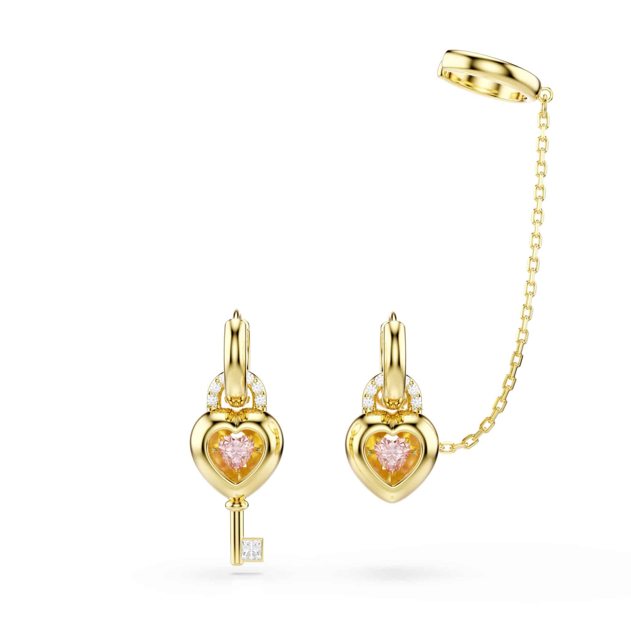 Swarovski Idyllia Drop Earrings with ear Cuff, Mixed cuts, Heart with key, Pink, Gold-tone plated -Swarovski