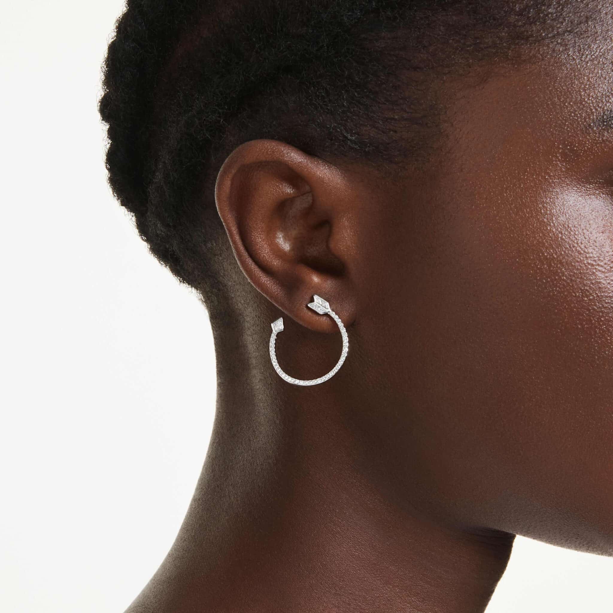 Swarovski Idyllia Hoop Earrings, Mixed cuts, Arrow, White, Rhodium plated -Swarovski