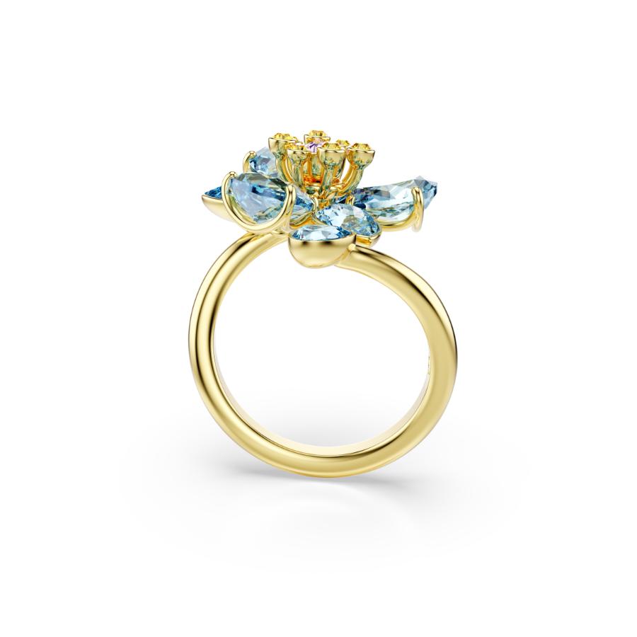 Swarovski Idyllia Open Ring, Mixed cuts, Flower, Blue, Gold-tone Plated -Swarovski