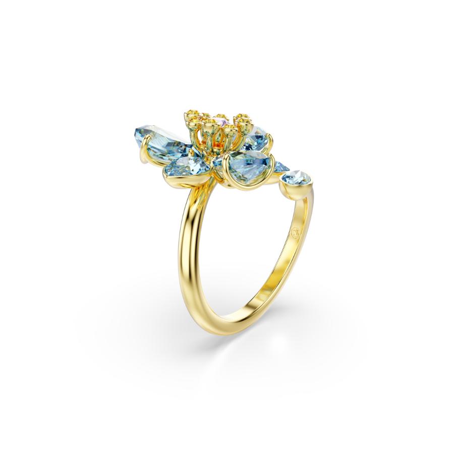 Swarovski Idyllia Open Ring, Mixed cuts, Flower, Blue, Gold-tone Plated -Swarovski