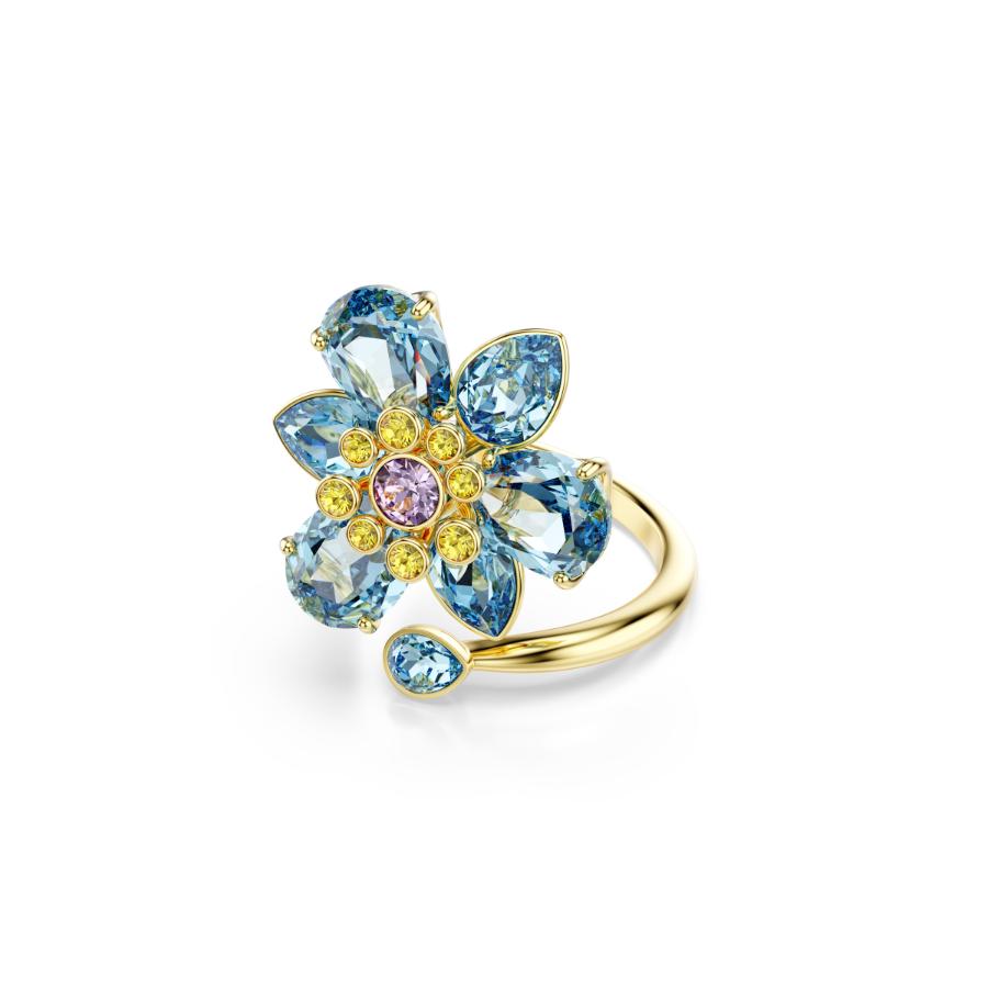 Swarovski Idyllia Open Ring, Mixed cuts, Flower, Blue, Gold-tone Plated -Swarovski