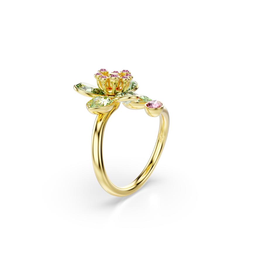 Swarovski Idyllia Open Ring, Mixed Cuts, Flower, Green, Gold-tone Plated -Swarovski