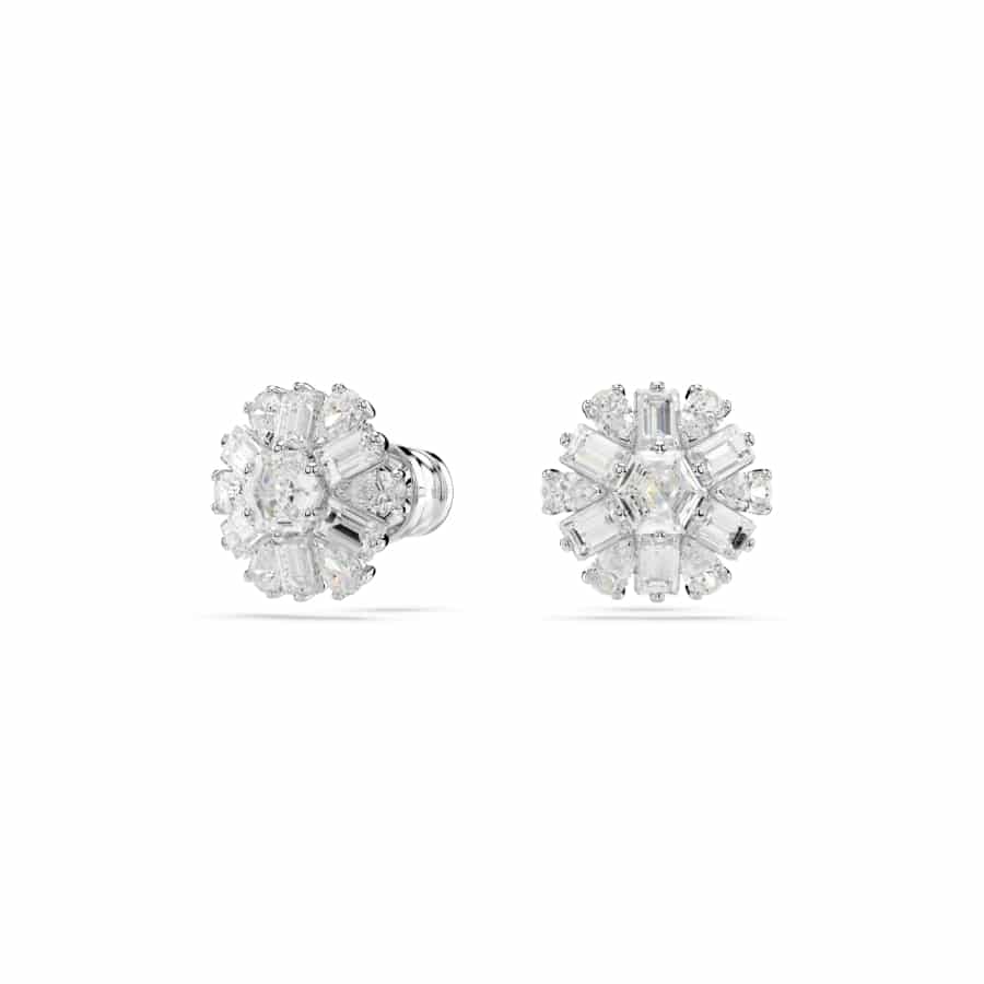 Swarovski Idyllia Stud Earrings, Mixed Cuts, Snowflake, White, Rhodium Plated -Swarovski