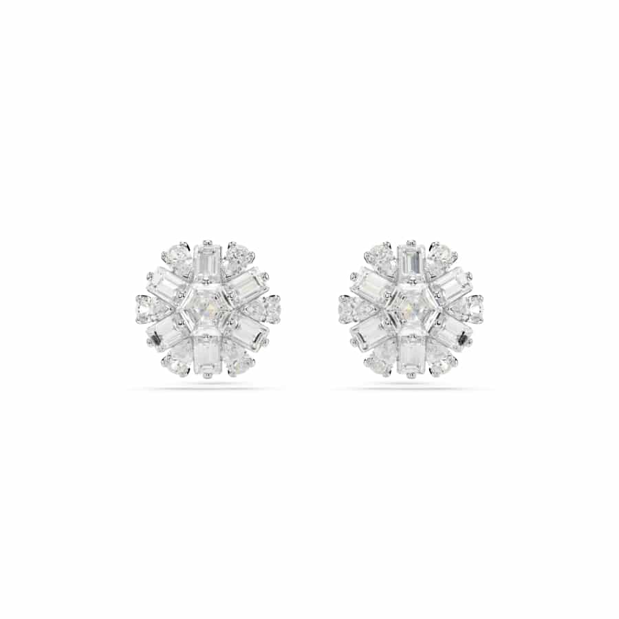Swarovski Idyllia Stud Earrings, Mixed Cuts, Snowflake, White, Rhodium Plated -Swarovski