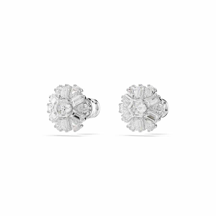 Swarovski Idyllia Stud Earrings, Mixed Cuts, Snowflake, White, Rhodium Plated -Swarovski