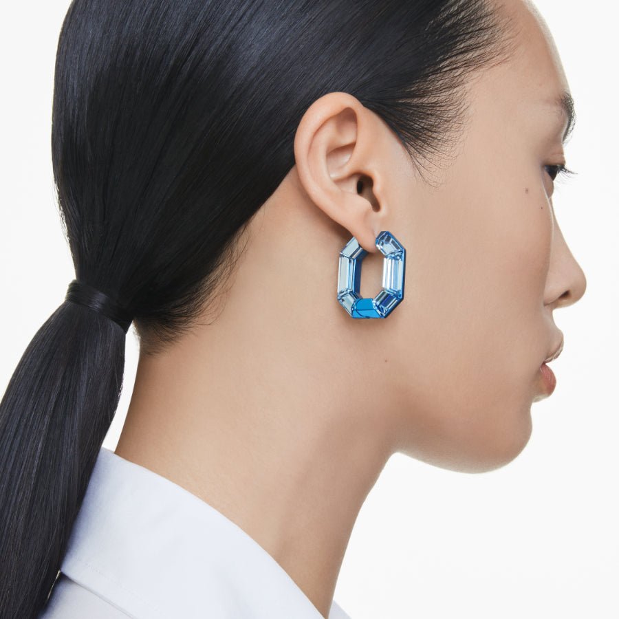 Swarovski Lucent Hoop Earrings, Octagon Shape, Small, Blue -Swarovski